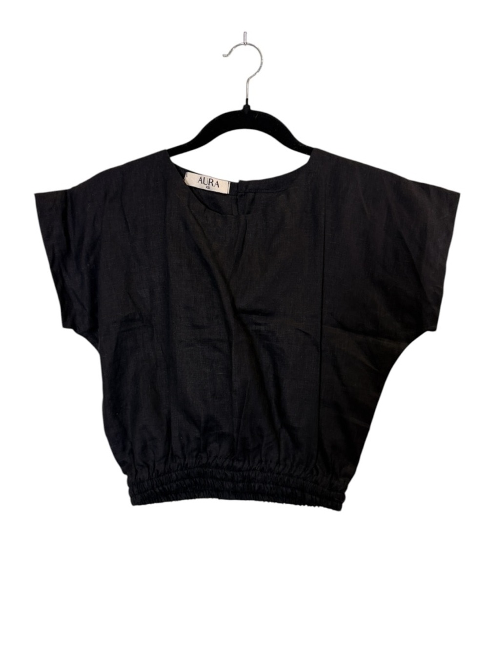 Aura Black Short-Sleeve Minimalist Beach Elastic-Hem Crop Top sz XS